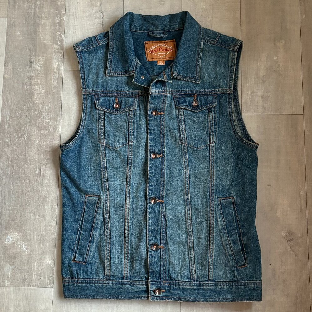 Denim Vest Red Camel Vintage Blue Cotton Size Medium Pockets Unisex Style
